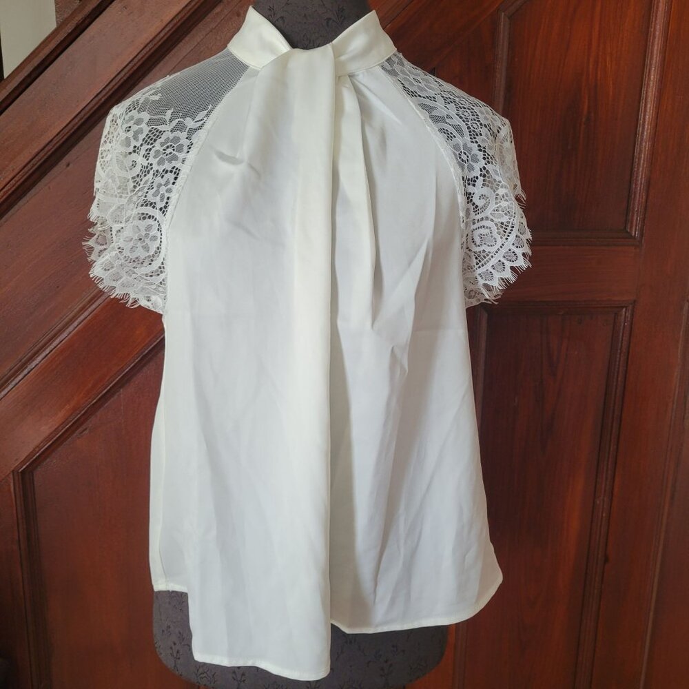 Elegant Shein White Blouse With Lace Sleeves & Tie Neck Design NWT